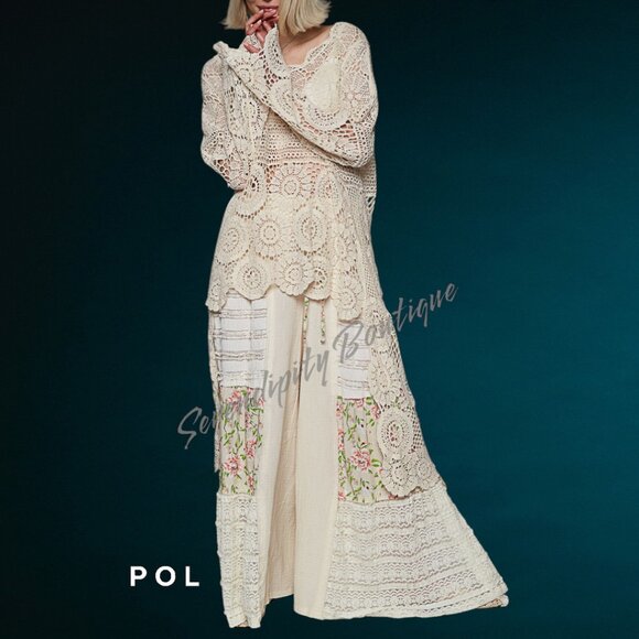 POL Bohemian Victorian Floor Length Hi Low Semi Sheer Crochet Oversized Top - Picture 8 of 13